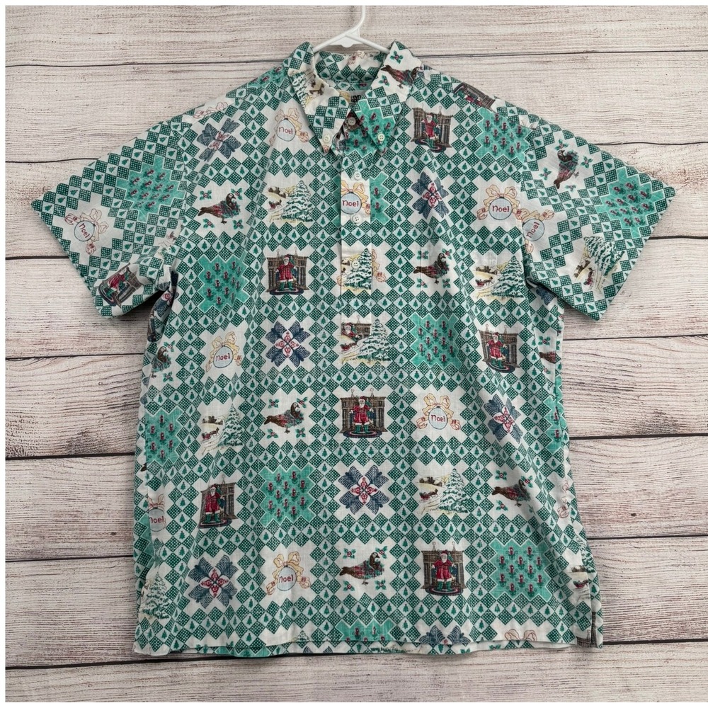 Reyn Spooner Button Down Shirt Mens XL Green Christmas Noel Diamond Print